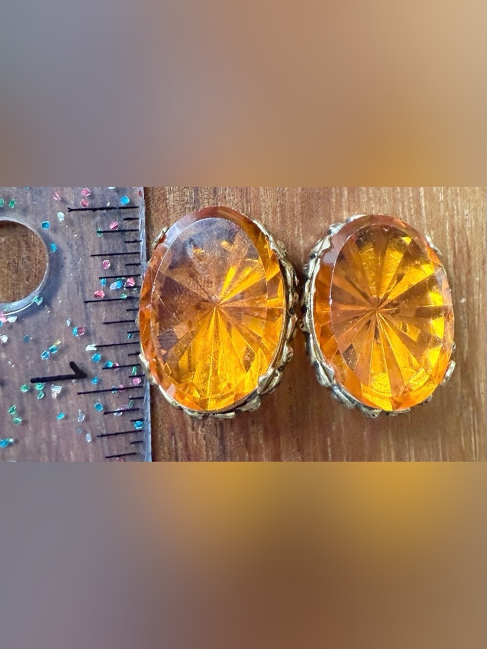 VTG Whiting & Davis Amber Glass Gold Tone Clip-On Earrings